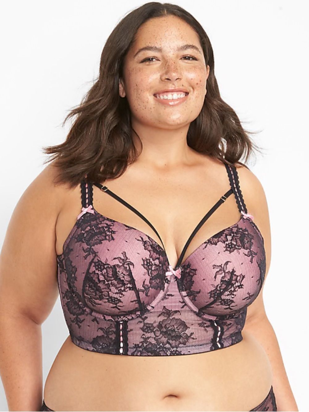 Cacique Intimates Lace Longline Boost Balconette Black Pink Bra Sz 42D